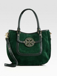 Relaxed suede shape with leather trim in a trend-forward jewel tone hue. Adjustable detachable leather shoulder strap, 22½-24½ dropDouble leather top handles, 7½ dropMagnetic snap closureTwo outside open pocketsOne inside zip pocketTwo inside open pocketsCanvas lining11½W X 13H X 4½DImported Relaxed suede shape with leather trim in a trend-forward jewel tone hue. Adjustable detachable leather shoulder strap, 22½-24½ dropDouble leather top handles, 7½ dropMagnetic snap closureTwo outside open pocketsOne inside zip pocketTwo inside open pocketsCanvas lining11½W X 13H X 4½DImported
