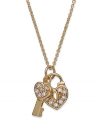 Put your heart under lock and key. This sweetly-shimmering heart lock and key pendant by B. Brilliant features round-cut cubic zirconias (1/6 ct. t.w.) in 18k gold over sterling silver. Approximate length: 18 inches + 3-inch extender. Approximate drop: 7/8 inch. Put your heart under lock and key. This sweetly-shimmering heart lock and key pendant by B. Brilliant features round-cut cubic zirconias (1/6 ct. t.w.) in 18k gold over sterling silver. Approximate length: 18 inches + 3-inch extender. Approximate drop: 7/8 inch.