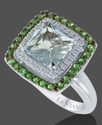 Bring the colors of the sea to your fingertips with this cool blue octagon-cut aquamarine (1-4/5 ct. t.w.) framed in diamond accents and trimmed with round mossy green tsavorite (1/2 ct. t.w.). Ring set in 14k white gold. Size 7. Bring the colors of the sea to your fingertips with this cool blue octagon-cut aquamarine (1-4/5 ct. t.w.) framed in diamond accents and trimmed with round mossy green tsavorite (1/2 ct. t.w.). Ring set in 14k white gold. Size 7.