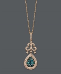 You'll feel like a queen every time you wear this regal style. Bella Bleu by Effy Collection's standout pendant features intricate scrolls dusted with round-cut diamonds (1/3 ct. t.w.) and highlights a teardrop adorned with round-cut blue diamonds (3/8 ct. t.w.). Setting and chain crafted in 14k rose gold. Approximate length: 18 inches. Approximate drop length: 1-1/4 inches. Approximate drop width: 7/16 inch. You'll feel like a queen every time you wear this regal style. Bella Bleu by Effy Collection's standout pendant features intricate scrolls dusted with round-cut diamonds (1/3 ct. t.w.) and highlights a teardrop adorned with round-cut blue diamonds (3/8 ct. t.w.). Setting and chain crafted in 14k rose gold. Approximate length: 18 inches. Approximate drop length: 1-1/4 inches. Approximate drop width: 7/16 inch.
