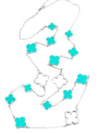 Silver Clover Leaf Multi Station Turquoise Enamel Necklace Long Rolo Chain Adjustable 36 - 39 Silver Clover Leaf Multi Station Turquoise Enamel Necklace Long Rolo Chain Adjustable 36 - 39