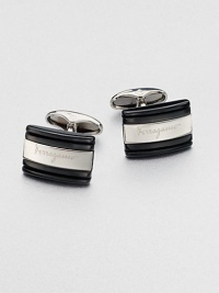Onyx rectangular cuff links with brass inlay and signature engraved logo.Onyx/BrassAbout ½ x ¾Made in Italy Onyx rectangular cuff links with brass inlay and signature engraved logo.Onyx/BrassAbout ½ x ¾Made in Italy