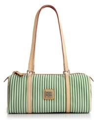 How sweet the stripes. Wear this adorable striped Dooney & Bourke barrel bag out on a warm summer night with your favorite sundress or casual summer-ready capris. How sweet the stripes. Wear this adorable striped Dooney & Bourke barrel bag out on a warm summer night with your favorite sundress or casual summer-ready capris.
