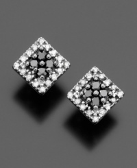 The chic contrast of round-cut black diamonds (1/8 ct. t.w.) and white diamonds (1/10 ct. t.w.) delivers dramatic eye-catching style. Stud earrings set in 14k white gold. Approximate diameter: 1/4 inch. The chic contrast of round-cut black diamonds (1/8 ct. t.w.) and white diamonds (1/10 ct. t.w.) delivers dramatic eye-catching style. Stud earrings set in 14k white gold. Approximate diameter: 1/4 inch.