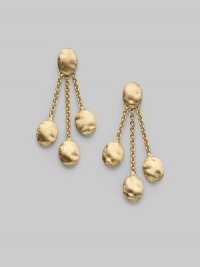 Both whimsical and elegant, three graceful chains of 18k gold are dotted with organically shaped brushed gold beads. 18k yellow gold Drop, about 1¼ Post back Made in Italy