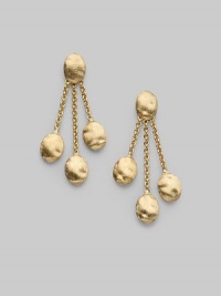 Both whimsical and elegant, three graceful chains of 18k gold are dotted with organically shaped brushed gold beads. 18k yellow gold Drop, about 1¼ Post back Made in Italy Both whimsical and elegant, three graceful chains of 18k gold are dotted with organically shaped brushed gold beads. 18k yellow gold Drop, about 1¼ Post back Made in Italy