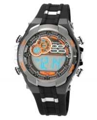 Sleek gunmetal and gray tones with bold illumination: a multifunctional digital watch by Armitron. Sleek gunmetal and gray tones with bold illumination: a multifunctional digital watch by Armitron.