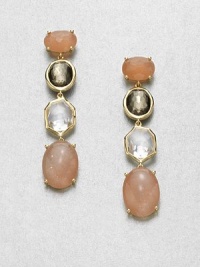 From the Rock Candy Collection. A delightful dangle of glowing semi-precious stones in an array of shapes, cuts and settings is rich, warm and simply stunning.Peach moonstone, clear quartz and pyrite18k yellow goldDrop, about 2.4Post backImported