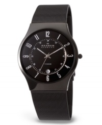Modern yet refined, this sleek black men's watch from Skagen Denmark is a contemporary classic. Black stainless steel bracelet and round titanium case. Round black dial with subdial, date window, logo and numerical indices. Quartz movement. Water resistant to 30 meters. Ten-year limited warranty. Modern yet refined, this sleek black men's watch from Skagen Denmark is a contemporary classic. Black stainless steel bracelet and round titanium case. Round black dial with subdial, date window, logo and numerical indices. Quartz movement. Water resistant to 30 meters. Ten-year limited warranty.