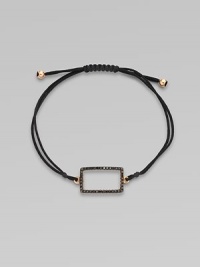 A knotted cord with a black diamond encrusted, 18K rose gold, rectangular link. Black diamonds, .28 tcw18K rose goldPolyester cordLink size, about ¾Length, about 13½ adjustableDrawstring closureImported A knotted cord with a black diamond encrusted, 18K rose gold, rectangular link. Black diamonds, .28 tcw18K rose goldPolyester cordLink size, about ¾Length, about 13½ adjustableDrawstring closureImported