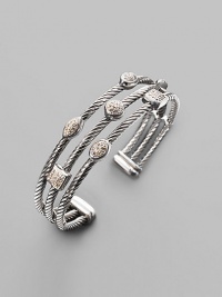 From the Confetti Collection. An open cuff, crafted of three sterling silver cables dotted with pavé diamonds in sparkling geometric shapes. Diamonds, .46 tcw Sterling silver Width, about ½ Made in USA From the Confetti Collection. An open cuff, crafted of three sterling silver cables dotted with pavé diamonds in sparkling geometric shapes. Diamonds, .46 tcw Sterling silver Width, about ½ Made in USA