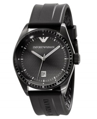 Never tread lightly. This Emporio Armani watch features a black rubber strap with logo and round stainless steel case. Black textured dial with logo, date window and stick indices. Quartz movement. Water resistant to 50 meters. Two-year limited warranty. Never tread lightly. This Emporio Armani watch features a black rubber strap with logo and round stainless steel case. Black textured dial with logo, date window and stick indices. Quartz movement. Water resistant to 50 meters. Two-year limited warranty.