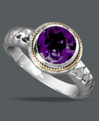 Make a bold statement with a vibrant cocktail ring. Balissima by Effy Collection's stunning style features a round-cut amethyst (1-5/8 ct. t.w.) set in sterling silver with intricate rope edges crafted from 18k gold. Size 7. Make a bold statement with a vibrant cocktail ring. Balissima by Effy Collection's stunning style features a round-cut amethyst (1-5/8 ct. t.w.) set in sterling silver with intricate rope edges crafted from 18k gold. Size 7.
