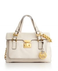 A lady-like satchel with oh-so luxe appeal. Ready for a chic day or night on the town, this MICHAEL Michael Kors satchel brings some high-shine drama with bold chain detailing, English brass hardware and a signature charm at handle base. A lady-like satchel with oh-so luxe appeal. Ready for a chic day or night on the town, this MICHAEL Michael Kors satchel brings some high-shine drama with bold chain detailing, English brass hardware and a signature charm at handle base.