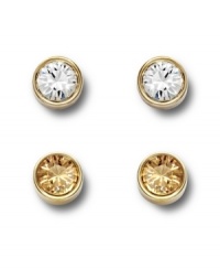 Unique and effortless. Swarovski's Harley Golden Shadow Pierced Earrings Set highlights bezel-set crystals in clear and gold. Crafted in gold and silver tone mixed metal. Approximate diameter: 1/8 inch. Unique and effortless. Swarovski's Harley Golden Shadow Pierced Earrings Set highlights bezel-set crystals in clear and gold. Crafted in gold and silver tone mixed metal. Approximate diameter: 1/8 inch.