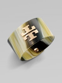 Resin statement piece enlivened by a goldtone logo. Goldtone metal plated resinDiameter, about 2½Width, about 1½Made in Italy Resin statement piece enlivened by a goldtone logo. Goldtone metal plated resinDiameter, about 2½Width, about 1½Made in Italy