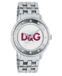 A splash of color works perfectly on a gorgeous crystal-embellished watch by D&G. Stainless steel case and link bracelet. Sparkling crystal-accented bezel and silvertone dial with red crystal-studded logo. Three-hand, quartz movement. Water resistant to 30 meters. A splash of color works perfectly on a gorgeous crystal-embellished watch by D&G. Stainless steel case and link bracelet. Sparkling crystal-accented bezel and silvertone dial with red crystal-studded logo. Three-hand, quartz movement. Water resistant to 30 meters.