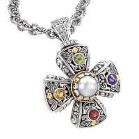 925 Silver, Freshwater Pearl & Multi-Stone Cross Pendant with 18k Gold Accents 925 Silver, Freshwater Pearl & Multi-Stone Cross Pendant with 18k Gold Accents