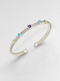 From the Renaissance Collection. An artistic style with faceted amethyst and smooth turquoise set on a sterling silver cable design accented in radiant 18k gold. Sterling silver18 goldAmethyst and turquoiseDiameter, about 2.5Slip-on styleImported