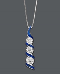 Add a sweep of sparkling style to your neckline. Sirena's beautiful three stone pendant features round-cut diamonds (1/4 ct. t.w.) set in 14k white gold with blue enamel accents. Approximate length: 18 inches. Approximate drop: 3/4 inch. Add a sweep of sparkling style to your neckline. Sirena's beautiful three stone pendant features round-cut diamonds (1/4 ct. t.w.) set in 14k white gold with blue enamel accents. Approximate length: 18 inches. Approximate drop: 3/4 inch.