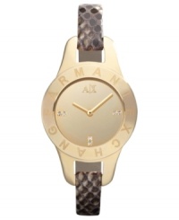 Perfectly polished in python. This AX Armani Exchange watch shines with rosy hues and attracts attention with python prints. Perfectly polished in python. This AX Armani Exchange watch shines with rosy hues and attracts attention with python prints.
