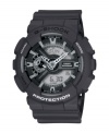 Deconstructed design and dual capabilities, mastered by G-Shock. Black resin strap and round case. Shock-resistant, analog-digital dial features auto LED illuminator, world time, four alarms, stopwatch with velocity indicator, countdown timer and 12/24-hour formats. Quartz movement. Water resistant to 200 meters. One-year limited warranty.
