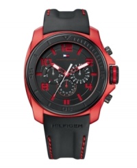 Keep your energy levels high with this big and bold watch by Tommy Hilfiger. Rubberized black leather strap with contrast stitching and round black and red aluminum case. Black dial features red numerals and stick indices, three multifunctional subdials, luminous red and white hands and logo. Quartz movement. Water resistant to 50 meters. Ten-year limited warranty. Keep your energy levels high with this big and bold watch by Tommy Hilfiger. Rubberized black leather strap with contrast stitching and round black and red aluminum case. Black dial features red numerals and stick indices, three multifunctional subdials, luminous red and white hands and logo. Quartz movement. Water resistant to 50 meters. Ten-year limited warranty.