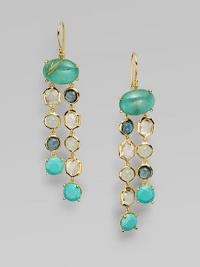 An elegant style with beautiful turquoise, milky aquamarine, clear quartz and London blue topaz stones set in radiant 18k gold. Turquoise, milky aquamarine, clear quartz and London blue topaz18k goldDrop, about 2½Hook backImported An elegant style with beautiful turquoise, milky aquamarine, clear quartz and London blue topaz stones set in radiant 18k gold. Turquoise, milky aquamarine, clear quartz and London blue topaz18k goldDrop, about 2½Hook backImported