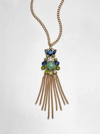 A stunningly colorful stone cluster with a chain link tassel on a link chain. Glass stonesAntique-finished goldtoneLength, about 24Pendant size, about 5Lobster clasp closureImported A stunningly colorful stone cluster with a chain link tassel on a link chain. Glass stonesAntique-finished goldtoneLength, about 24Pendant size, about 5Lobster clasp closureImported