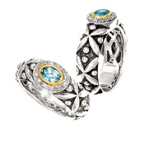 925 Silver, Blue Topaz & Diamond Oxidized Ring with 14k Gold Accents (0.07ctw)- Sizes 6-8