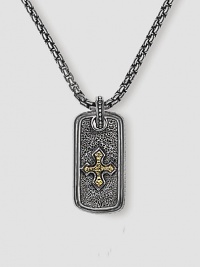 Handsomely textured sterling silver is offset with an 18k solid gold cross. Includes 26 silver chain ½W X 1H Made in USA Handsomely textured sterling silver is offset with an 18k solid gold cross. Includes 26 silver chain ½W X 1H Made in USA