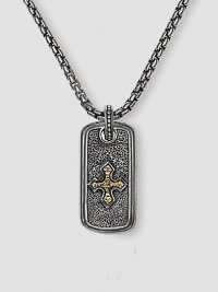 Handsomely textured sterling silver is offset with an 18k solid gold cross. Includes 26 silver chain ½W X 1H Made in USA