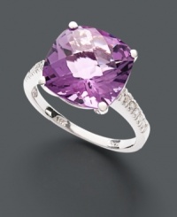 Indulge in the cocktail hour trend with this chic ring. A brilliant cushion-cut pink amethyst (6 ct. t.w.) draws plenty of attention in its 14k white gold setting with two matching rows of sparkling diamond side accents. Indulge in the cocktail hour trend with this chic ring. A brilliant cushion-cut pink amethyst (6 ct. t.w.) draws plenty of attention in its 14k white gold setting with two matching rows of sparkling diamond side accents.