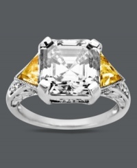 Stunning with a hint of summer inspiration. Arabella's statement-making ring highlights an emerald-cut white Swarovski zirconia (8-3/4 ct. t.w.) with trilliant-cut yellow cubic zirconias at the sides (1-1/2 ct. t.w.). Crafted in sterling silver. Size 7. Stunning with a hint of summer inspiration. Arabella's statement-making ring highlights an emerald-cut white Swarovski zirconia (8-3/4 ct. t.w.) with trilliant-cut yellow cubic zirconias at the sides (1-1/2 ct. t.w.). Crafted in sterling silver. Size 7.