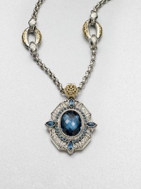 Faceted, rich London blue topaz and blue topaz stones set in an intricately designed enhancer accented with radiant 18k gold. London blue topazBlue topazSterling silver18k goldSize, about 2Fixed baleImported Please note: Necklace sold separately. Faceted, rich London blue topaz and blue topaz stones set in an intricately designed enhancer accented with radiant 18k gold. London blue topazBlue topazSterling silver18k goldSize, about 2Fixed baleImported Please note: Necklace sold separately.