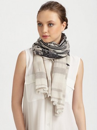 A luxe wool and silk blend in a bold graphic print with eyelash fringe.78% wool/22% silkAbout 27 X 66Dry cleanMade in Italy A luxe wool and silk blend in a bold graphic print with eyelash fringe.78% wool/22% silkAbout 27 X 66Dry cleanMade in Italy
