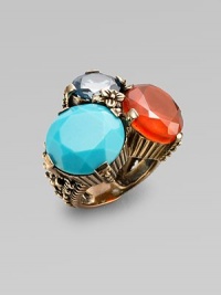 From the Trujillo Collection. Colors both bright and soft complement each other delightfully in this three-stone cluster ring with a richly detailed bronze setting and band.Blue topaz, turquoise and orange chalcedonyBronzeMade in USA