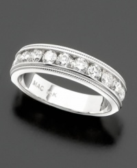 A wedding band of dazzling beauty. Precious round-cut diamonds (1 ct. t.w.) are set within a lustrous white gold band that is edged with delicate milgrain detail. Includes IGI certificate from the International Gemological Institute listing the cut, carat weight, color and clarity grades of each diamond. A wedding band of dazzling beauty. Precious round-cut diamonds (1 ct. t.w.) are set within a lustrous white gold band that is edged with delicate milgrain detail. Includes IGI certificate from the International Gemological Institute listing the cut, carat weight, color and clarity grades of each diamond.