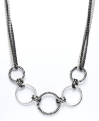 The key to good style is all in the accessories. This chic necklace by Alfani will add just the right extra touch. Interlocking circles come together in a fun frontal design. Crafted in silver tone and hematite tone mixed metal. Approximate length: 18 inches + 2-inch extender. The key to good style is all in the accessories. This chic necklace by Alfani will add just the right extra touch. Interlocking circles come together in a fun frontal design. Crafted in silver tone and hematite tone mixed metal. Approximate length: 18 inches + 2-inch extender.