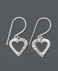 Lovely and luminous. These playful drop earrings feature a cut-out heart design accented by sparkling diamonds. Crafted in 14k white gold. Approximate drop: 3/4 inch. Lovely and luminous. These playful drop earrings feature a cut-out heart design accented by sparkling diamonds. Crafted in 14k white gold. Approximate drop: 3/4 inch.