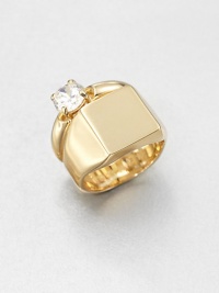 Sort of a yin and yang design, this sleek brass style combines a bold wide, bezel-topped band and a slender, graceful, crystal accented one with a touch of subtle whimsy.CrystalBrassMade in Italy Sort of a yin and yang design, this sleek brass style combines a bold wide, bezel-topped band and a slender, graceful, crystal accented one with a touch of subtle whimsy.CrystalBrassMade in Italy