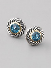 From the Color Classics Collection. In a luscious cookie shape, a center of faceted blue topaz set in 18k gold, surrounded by a textured swirl of sterling silver. Blue topaz Sterling silver and 18k yellow gold Diameter, about ½ Post back Imported From the Color Classics Collection. In a luscious cookie shape, a center of faceted blue topaz set in 18k gold, surrounded by a textured swirl of sterling silver. Blue topaz Sterling silver and 18k yellow gold Diameter, about ½ Post back Imported