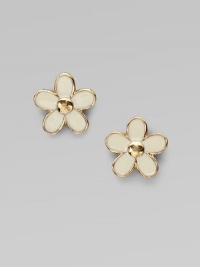 A sweet, delicate floral design to adorn the ears.Epoxy Plated brass Diameter, about ½ 14K gold filled post backs Imported A sweet, delicate floral design to adorn the ears.Epoxy Plated brass Diameter, about ½ 14K gold filled post backs Imported