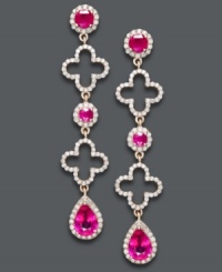 A blooming sensation! Effy Collection's glamorous geometric earrings feature cut-out floral shapes, round and pear-cut rubies (2-5/8 ct. t.w.), round-cut diamonds (3/4 ct. t.w.), and a trendy 14k rose gold setting. Approximate drop: 2 inches. A blooming sensation! Effy Collection's glamorous geometric earrings feature cut-out floral shapes, round and pear-cut rubies (2-5/8 ct. t.w.), round-cut diamonds (3/4 ct. t.w.), and a trendy 14k rose gold setting. Approximate drop: 2 inches.