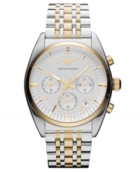 Golden accents lend a luxurious look to this classic steel watch from Emporio Armani. Golden accents lend a luxurious look to this classic steel watch from Emporio Armani.