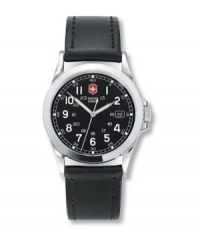 The essential classic watch from Victorinox Swiss Army. Black leather strap with tonal stitching and stainless steel case with screw-in case back. Black dial with logo, date window and luminous hands. Mineral crystal. Analog quartz movement. Water resistant to 330 feet. Three-year limited warranty. The essential classic watch from Victorinox Swiss Army. Black leather strap with tonal stitching and stainless steel case with screw-in case back. Black dial with logo, date window and luminous hands. Mineral crystal. Analog quartz movement. Water resistant to 330 feet. Three-year limited warranty.
