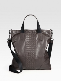 Signature woven style that exudes city cool, crafted in fine Italian leather.Snap button closureTop handlesRemovable shoulder strapInterior pocketsCotton liningLeather13W x 14H x 2DMade in Italy Signature woven style that exudes city cool, crafted in fine Italian leather.Snap button closureTop handlesRemovable shoulder strapInterior pocketsCotton liningLeather13W x 14H x 2DMade in Italy