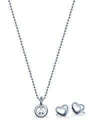 Peace and love are a perfect pairing on this pendant and earring set from Alex Woo -- lovely in striking sterling silver. Peace and love are a perfect pairing on this pendant and earring set from Alex Woo -- lovely in striking sterling silver.