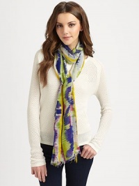A vivid, hand-printed design adds a burst of color to this luxurious modal/cashmere blend topper with hand-frayed ends.90% modal/10% cashmereAbout 21 X 85Dry cleanImported A vivid, hand-printed design adds a burst of color to this luxurious modal/cashmere blend topper with hand-frayed ends.90% modal/10% cashmereAbout 21 X 85Dry cleanImported