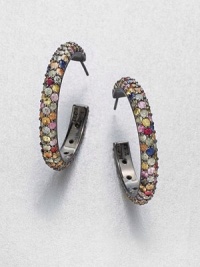 Faceted sapphires in a rainbow of shades are set in neat rows along these graceful open hoops.SapphiresBlack rhodium-plated sterling silverDiameter, about 2.5Post backImported Faceted sapphires in a rainbow of shades are set in neat rows along these graceful open hoops.SapphiresBlack rhodium-plated sterling silverDiameter, about 2.5Post backImported